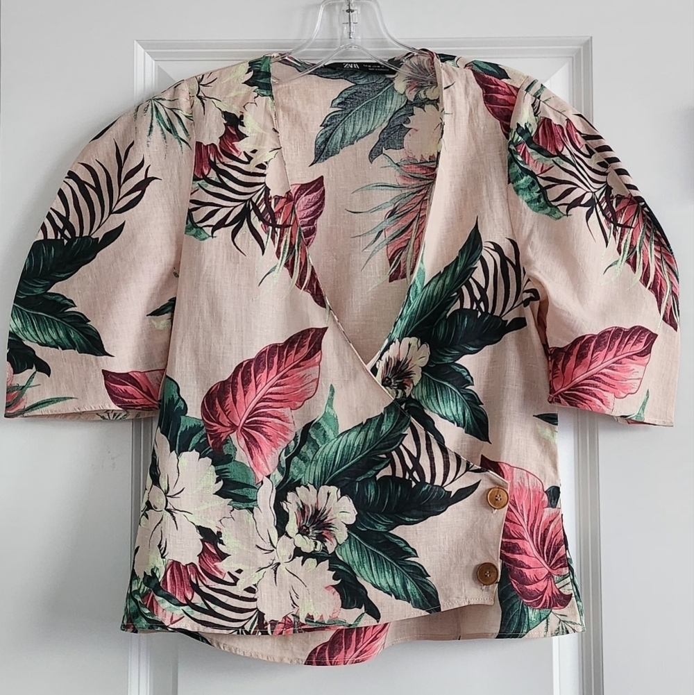 Zara Pink Green Tropical Design Wrap Blouse size X-Small